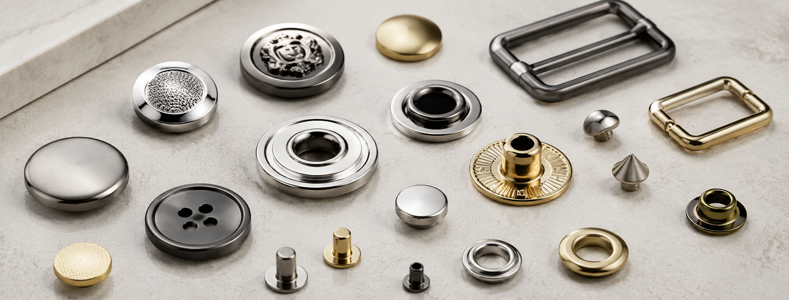 Metal buttons and garment hardware